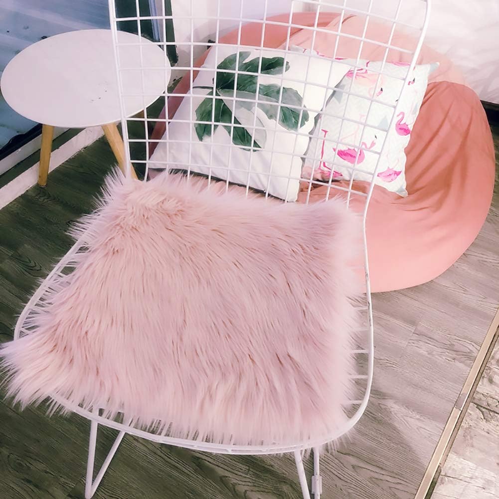 Pink Faux Fur Sheepskin Chair Cover Seat Cushion Pad Super Soft Area Rugs for Living Bedroom Sofa Dorm (1.6ft x 1.6ft)