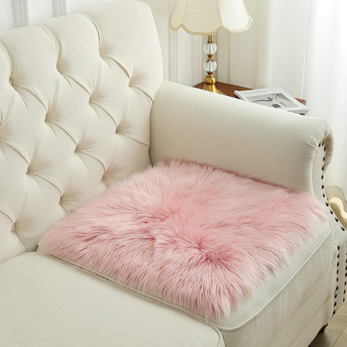 Pink Faux Fur Sheepskin Chair Cover Seat Cushion Pad Super Soft Area Rugs for Living Bedroom Sofa Dorm (1.6ft x 1.6ft)