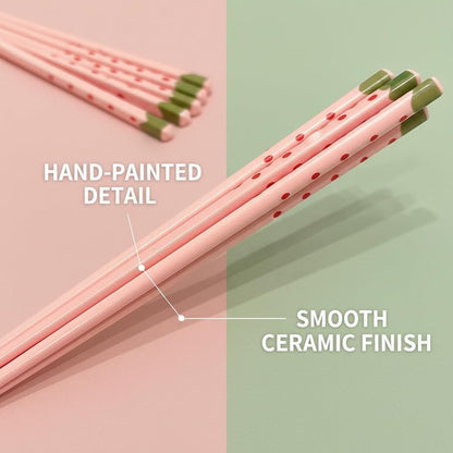 8 Pair Cute Pink Strawberry Ceramic Chopsticks Set, 8 Reusable Pairs Dinner Table Decor Kitchen Utensils (Pink)
