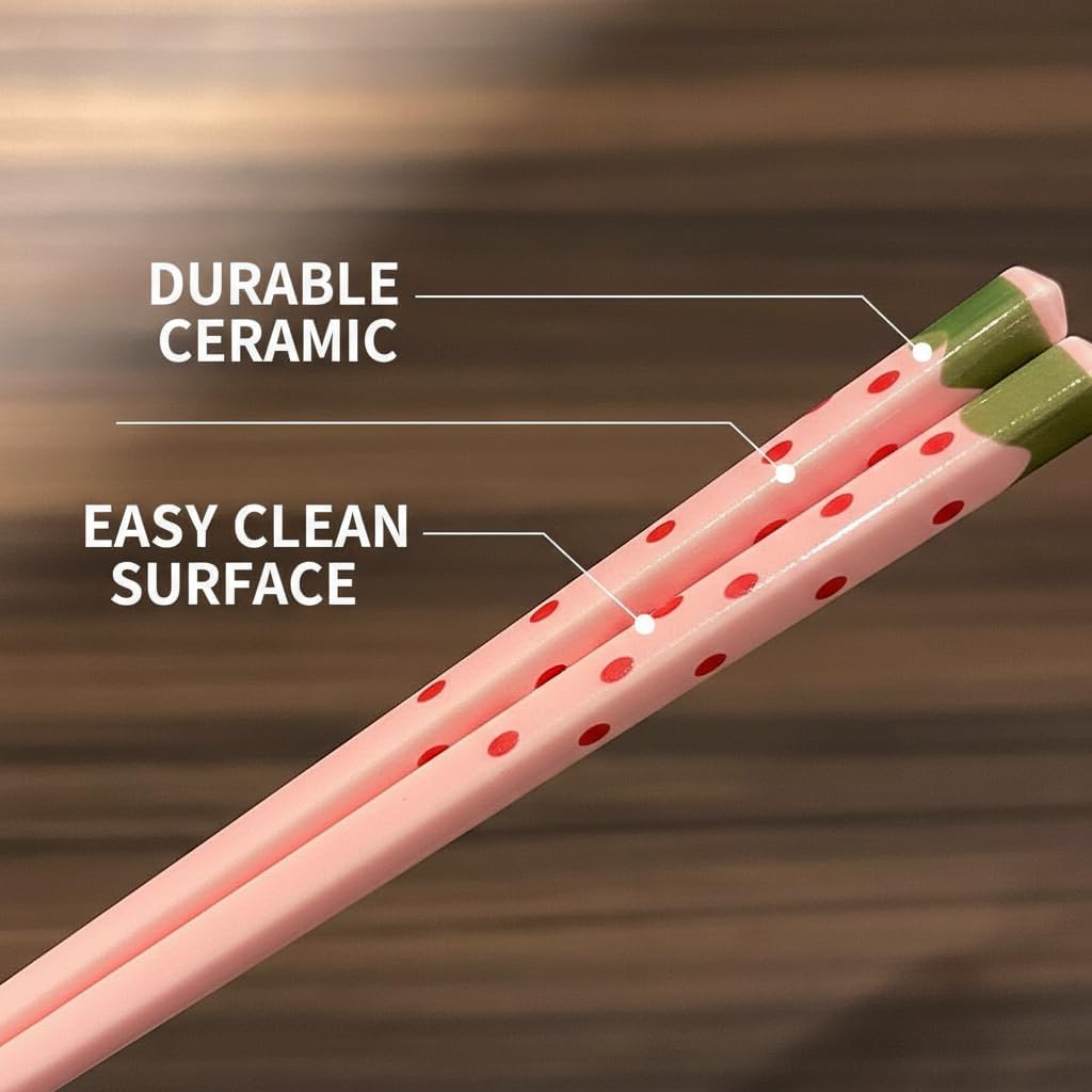 8 Pair Cute Pink Strawberry Ceramic Chopsticks Set, 8 Reusable Pairs Dinner Table Decor Kitchen Utensils (Pink)