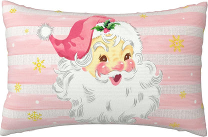 Pink Xmas Santa Claus Lumbar Pillow Cover, Pink Stripes Linen Christmas Decoration 16 x 24 Inch Throw Pillow Cover, Double Sided Printing Zipper Holiday Snowflake Pillowcover for Couch Sofa Bed