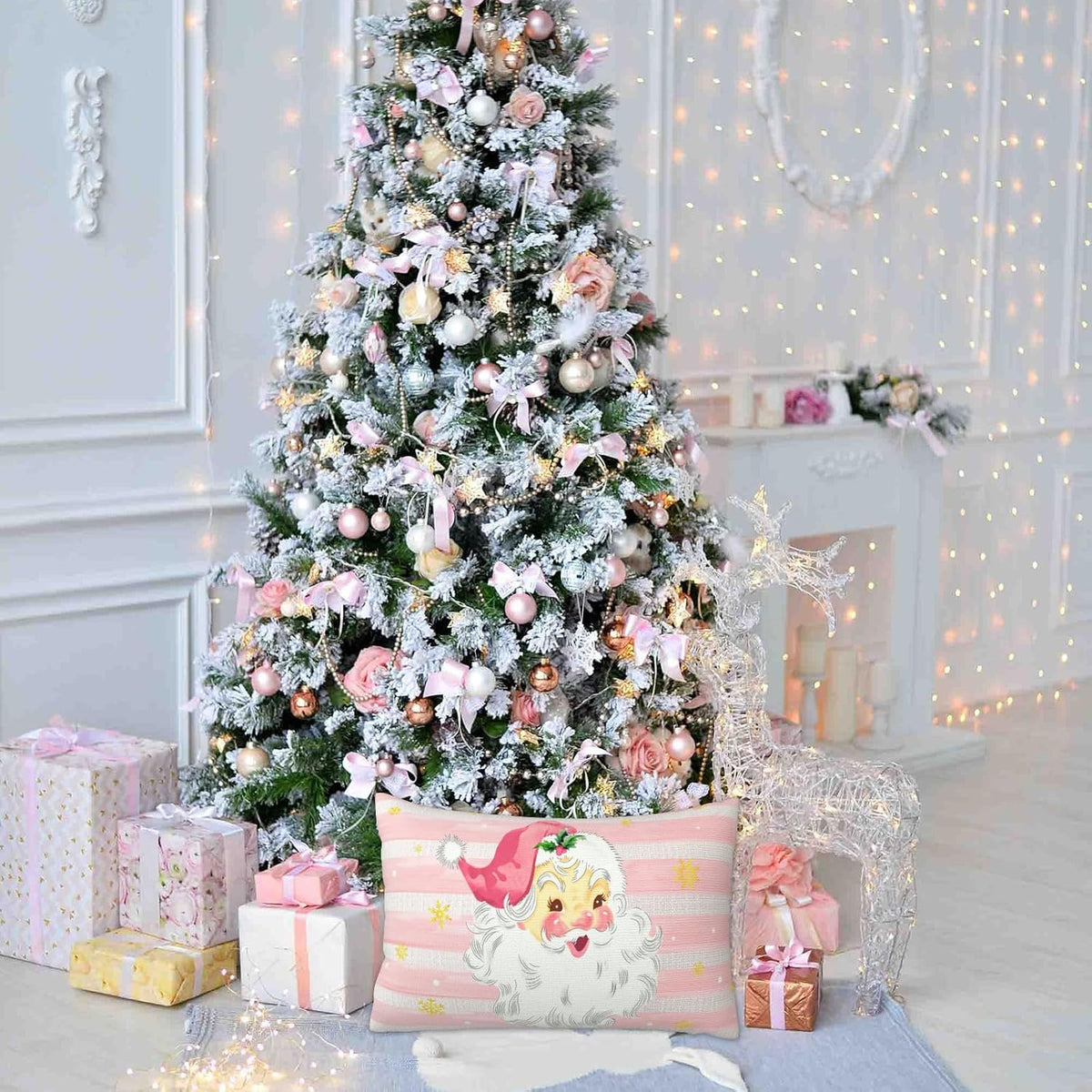Pink Xmas Santa Claus Lumbar Pillow Cover, Pink Stripes Linen Christmas Decoration 16 x 24 Inch Throw Pillow Cover, Double Sided Printing Zipper Holiday Snowflake Pillowcover for Couch Sofa Bed