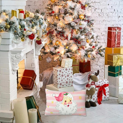 Pink Xmas Santa Claus Lumbar Pillow Cover, Pink Stripes Linen Christmas Decoration 16 x 24 Inch Throw Pillow Cover, Double Sided Printing Zipper Holiday Snowflake Pillowcover for Couch Sofa Bed