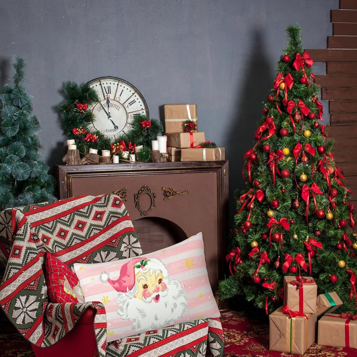 Pink Xmas Santa Claus Lumbar Pillow Cover, Pink Stripes Linen Christmas Decoration 16 x 24 Inch Throw Pillow Cover, Double Sided Printing Zipper Holiday Snowflake Pillowcover for Couch Sofa Bed