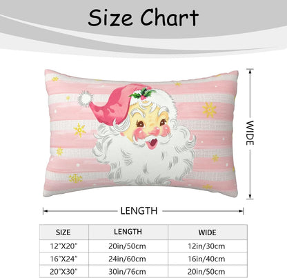 Pink Xmas Santa Claus Lumbar Pillow Cover, Pink Stripes Linen Christmas Decoration 16 x 24 Inch Throw Pillow Cover, Double Sided Printing Zipper Holiday Snowflake Pillowcover for Couch Sofa Bed