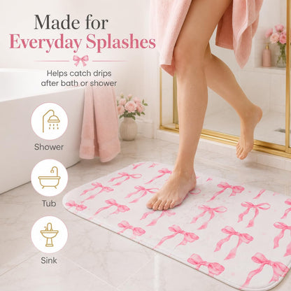 Memory Foam Bath Mat with Pink Bow Pattern, Comfortable, Soft, Non-Slip, Super Absorbent, Quick Drying Bath Rug for Bathroom,Floor, Tub & Shower, Machine Washable (32INX20IN, Bow)