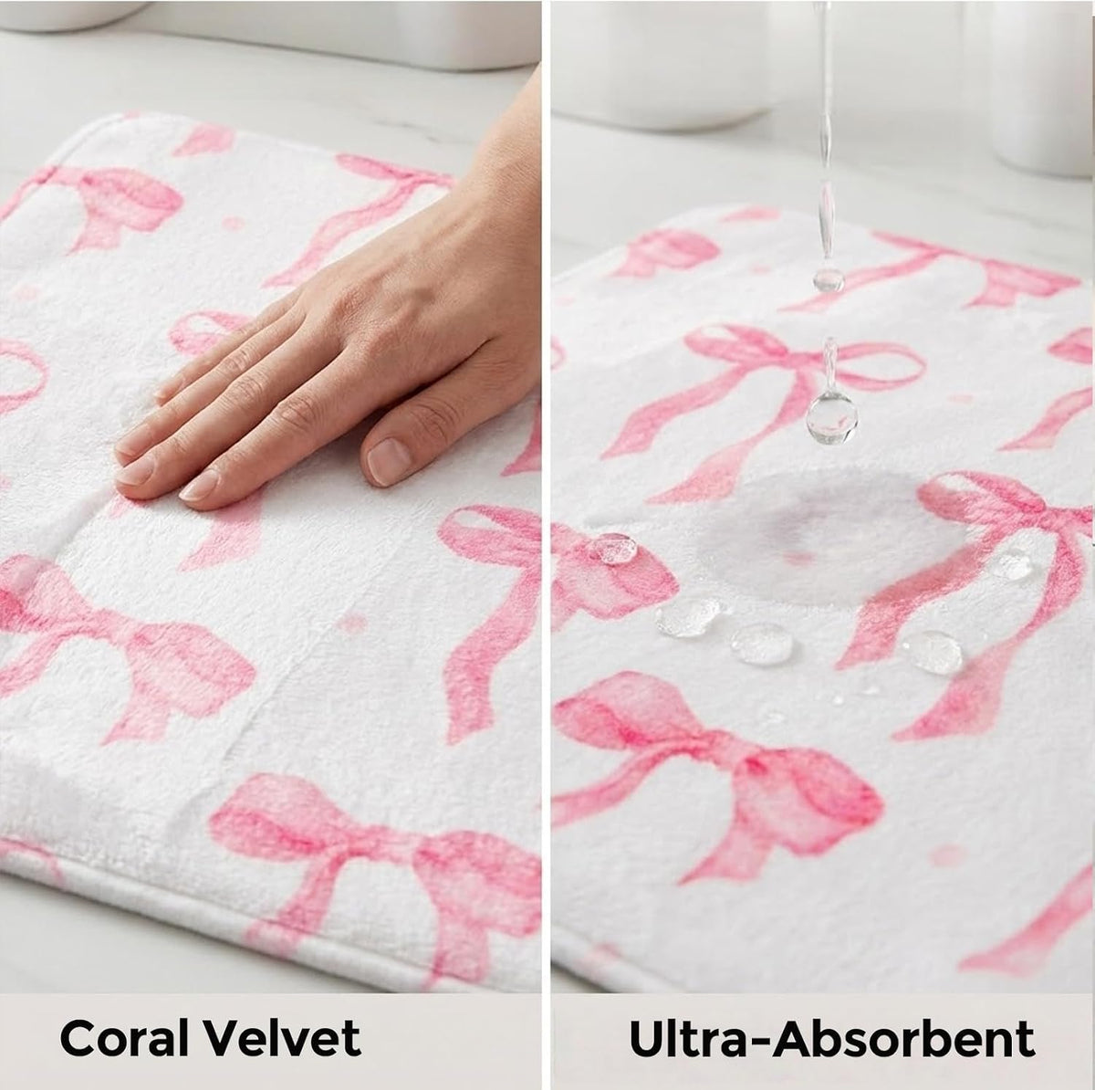 Memory Foam Bath Mat with Pink Bow Pattern, Comfortable, Soft, Non-Slip, Super Absorbent, Quick Drying Bath Rug for Bathroom,Floor, Tub & Shower, Machine Washable (32INX20IN, Bow)
