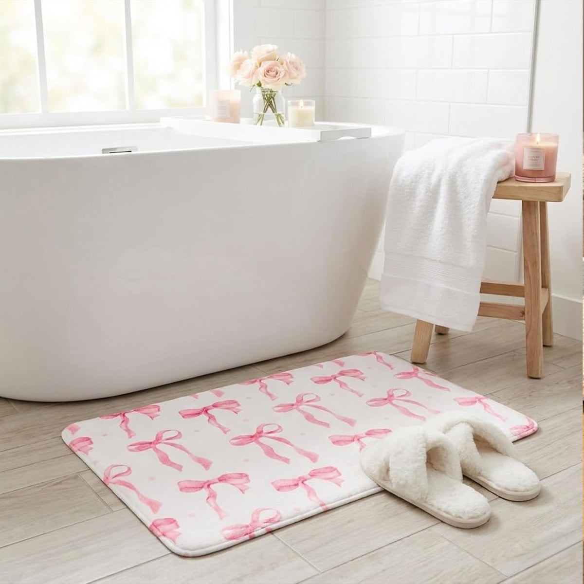 Memory Foam Bath Mat with Pink Bow Pattern, Comfortable, Soft, Non-Slip, Super Absorbent, Quick Drying Bath Rug for Bathroom,Floor, Tub & Shower, Machine Washable (32INX20IN, Bow)