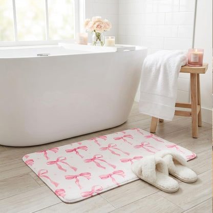 Memory Foam Bath Mat with Pink Bow Pattern, Comfortable, Soft, Non-Slip, Super Absorbent, Quick Drying Bath Rug for Bathroom,Floor, Tub & Shower, Machine Washable (32INX20IN, Bow)