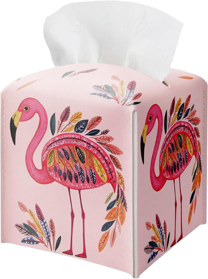 Pink Flamingos Tissue Box Cover Holder, Watercolor Leather Tissue Box Cover Square, Napkin Dispenser Accessories for Bathroom Vanity Countertop, Bedroom Dresser, Night Stand, Desk, Office
