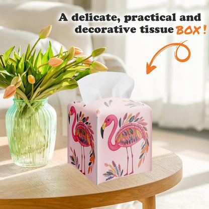 Pink Flamingos Tissue Box Cover Holder, Watercolor Leather Tissue Box Cover Square, Napkin Dispenser Accessories for Bathroom Vanity Countertop, Bedroom Dresser, Night Stand, Desk, Office