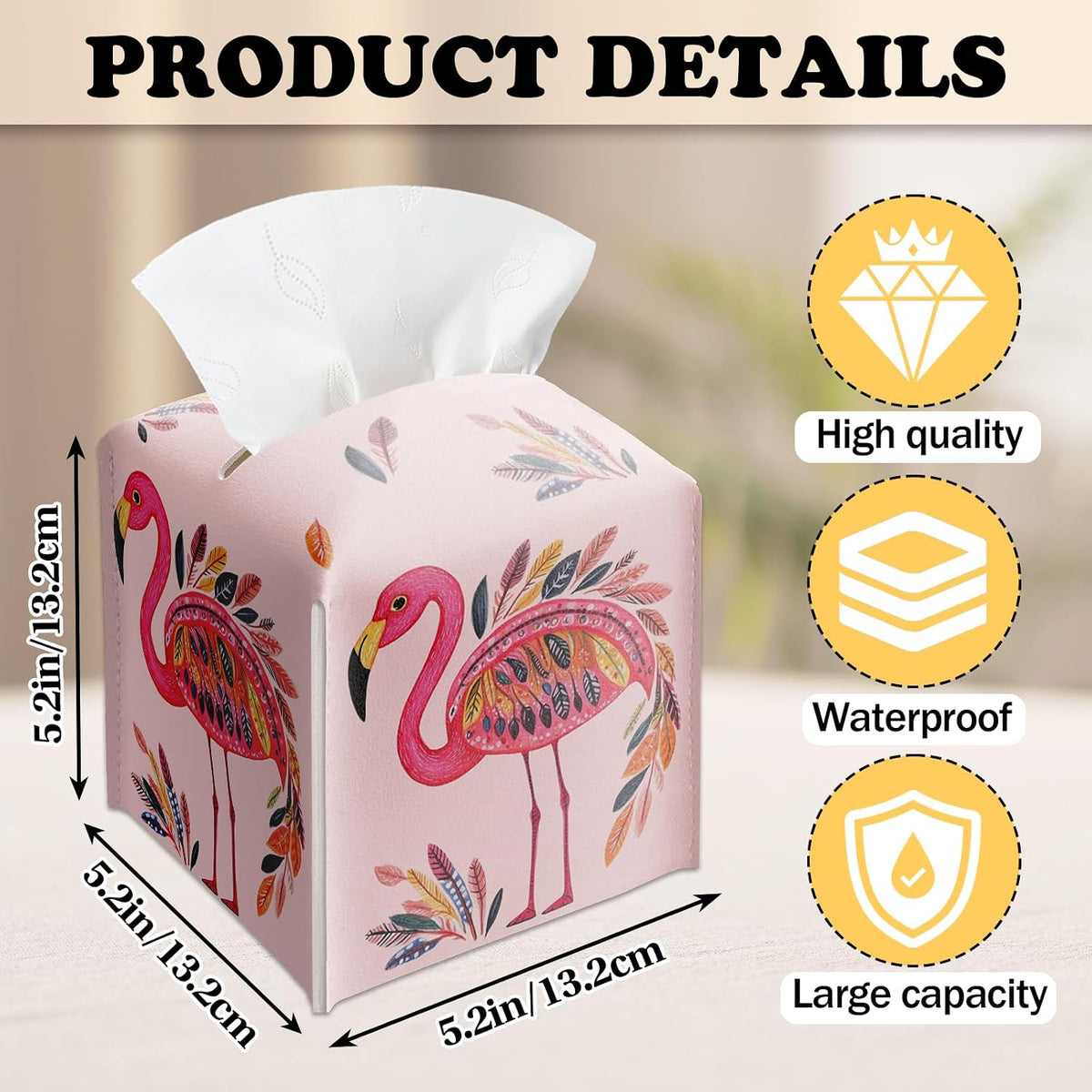 Pink Flamingos Tissue Box Cover Holder, Watercolor Leather Tissue Box Cover Square, Napkin Dispenser Accessories for Bathroom Vanity Countertop, Bedroom Dresser, Night Stand, Desk, Office