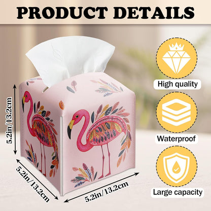 Pink Flamingos Tissue Box Cover Holder, Watercolor Leather Tissue Box Cover Square, Napkin Dispenser Accessories for Bathroom Vanity Countertop, Bedroom Dresser, Night Stand, Desk, Office