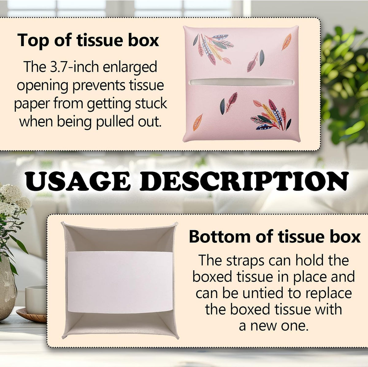 Pink Flamingos Tissue Box Cover Holder, Watercolor Leather Tissue Box Cover Square, Napkin Dispenser Accessories for Bathroom Vanity Countertop, Bedroom Dresser, Night Stand, Desk, Office