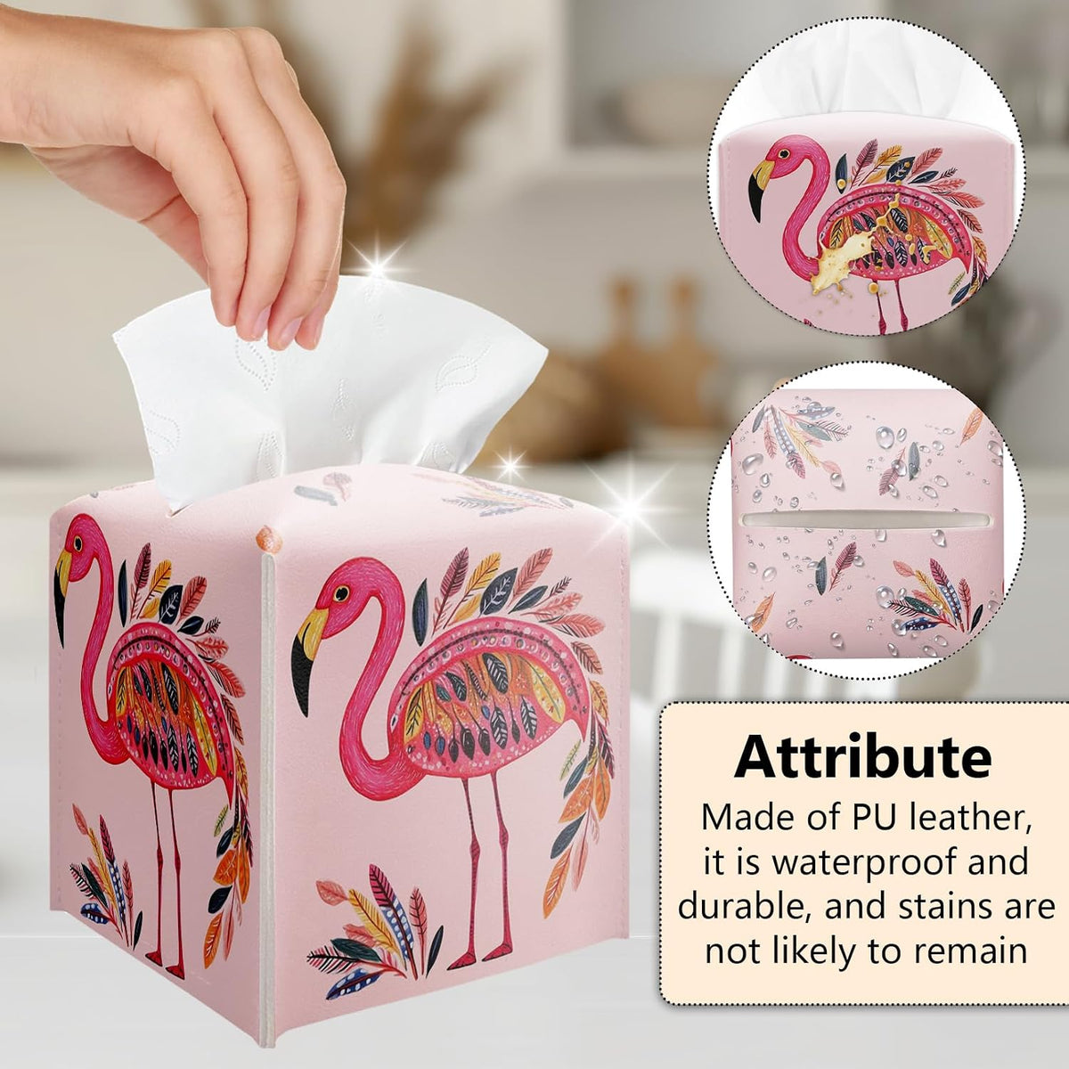 Pink Flamingos Tissue Box Cover Holder, Watercolor Leather Tissue Box Cover Square, Napkin Dispenser Accessories for Bathroom Vanity Countertop, Bedroom Dresser, Night Stand, Desk, Office