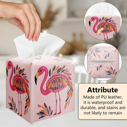 Pink Flamingos Tissue Box Cover Holder, Watercolor Leather Tissue Box Cover Square, Napkin Dispenser Accessories for Bathroom Vanity Countertop, Bedroom Dresser, Night Stand, Desk, Office