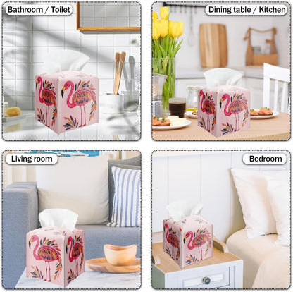 Pink Flamingos Tissue Box Cover Holder, Watercolor Leather Tissue Box Cover Square, Napkin Dispenser Accessories for Bathroom Vanity Countertop, Bedroom Dresser, Night Stand, Desk, Office