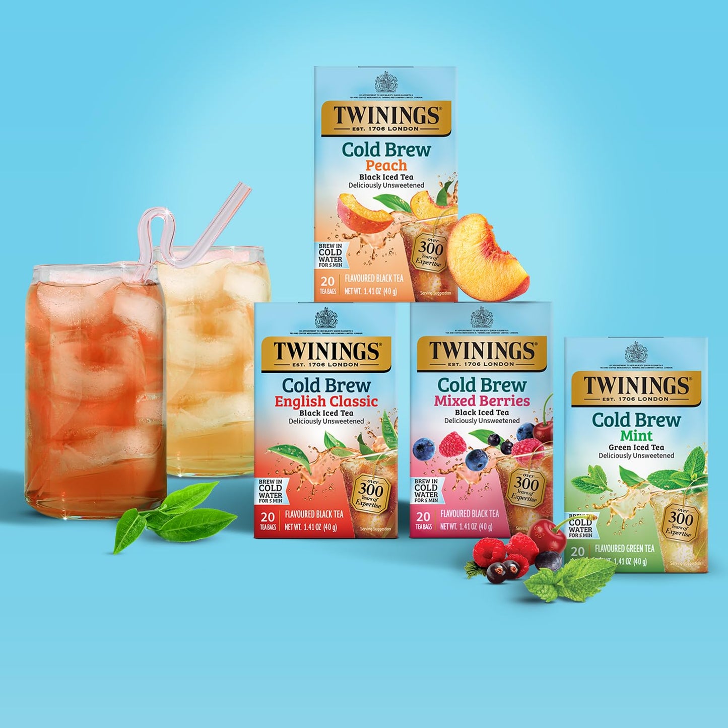 Peach Cold Brew Iced Tea Bags, 20 Count (Pack of 1), Unsweetened Flavoured Black Tea, Caffeinated, 20 Teabags