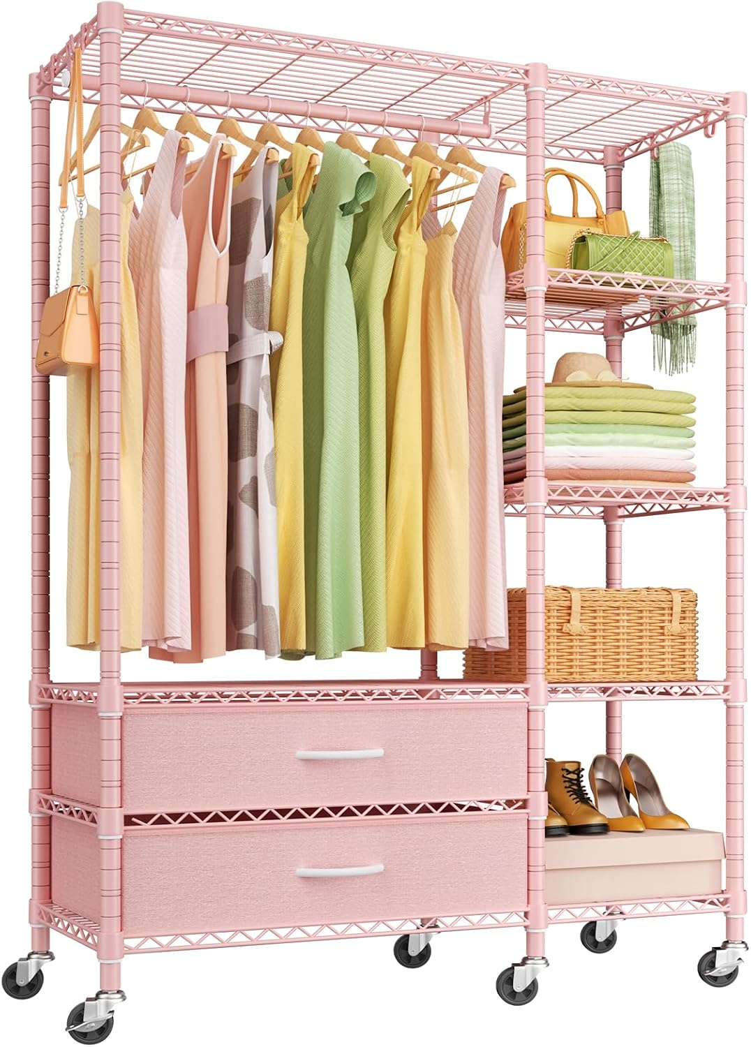 F3R Heavy Duty Clothes Rack（With Lockable Wheels）Freestanding Clothing Racks for Hanging Clothes，Adjustable Closet Organizer System，Portable Garment Rack 40"W x 15"D x 74"H，Max Load 700LBS，Pink