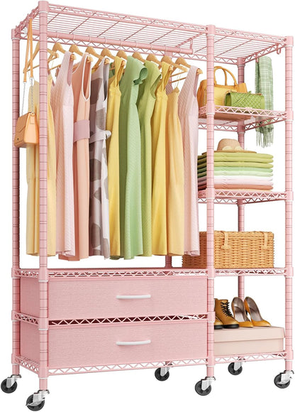 F3R Heavy Duty Clothes Rack（With Lockable Wheels）Freestanding Clothing Racks for Hanging Clothes，Adjustable Closet Organizer System，Portable Garment Rack 40"W x 15"D x 74"H，Max Load 700LBS，Pink
