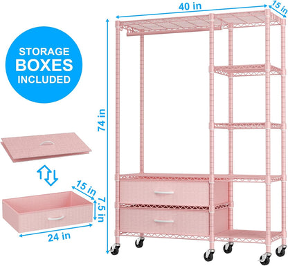 F3R Heavy Duty Clothes Rack（With Lockable Wheels）Freestanding Clothing Racks for Hanging Clothes，Adjustable Closet Organizer System，Portable Garment Rack 40"W x 15"D x 74"H，Max Load 700LBS，Pink