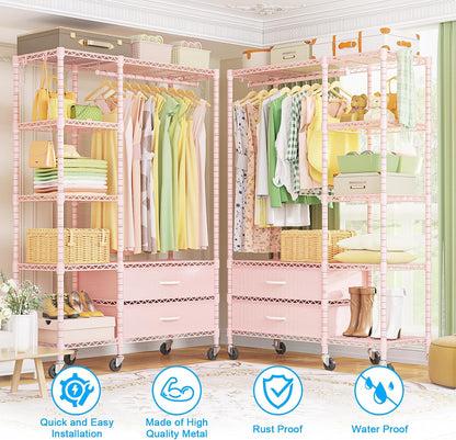 F3R Heavy Duty Clothes Rack（With Lockable Wheels）Freestanding Clothing Racks for Hanging Clothes，Adjustable Closet Organizer System，Portable Garment Rack 40"W x 15"D x 74"H，Max Load 700LBS，Pink