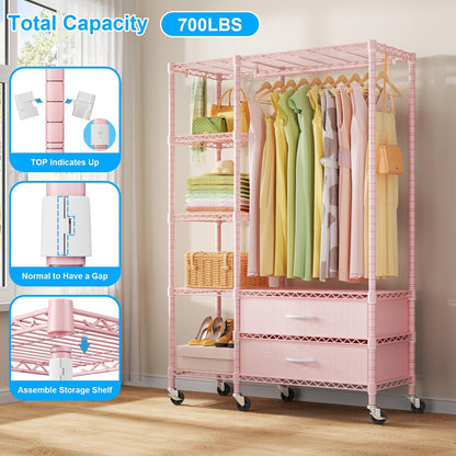F3R Heavy Duty Clothes Rack（With Lockable Wheels）Freestanding Clothing Racks for Hanging Clothes，Adjustable Closet Organizer System，Portable Garment Rack 40"W x 15"D x 74"H，Max Load 700LBS，Pink