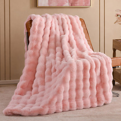 Faux Rabbit Fur Throw for Couch - Blush Pink Bubble Blanket 50"x60"