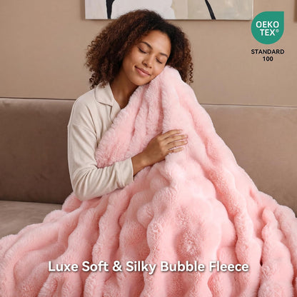Faux Rabbit Fur Throw for Couch - Blush Pink Bubble Blanket 50"x60"