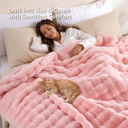 Faux Rabbit Fur Throw for Couch - Blush Pink Bubble Blanket 50"x60"