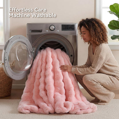 Faux Rabbit Fur Throw for Couch - Blush Pink Bubble Blanket 50"x60"