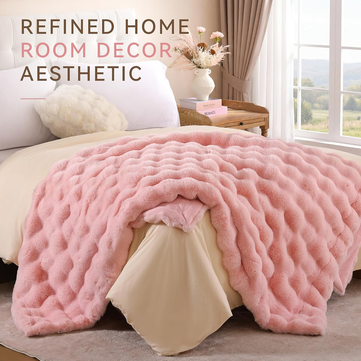 Faux Rabbit Fur Throw for Couch - Blush Pink Bubble Blanket 50"x60"