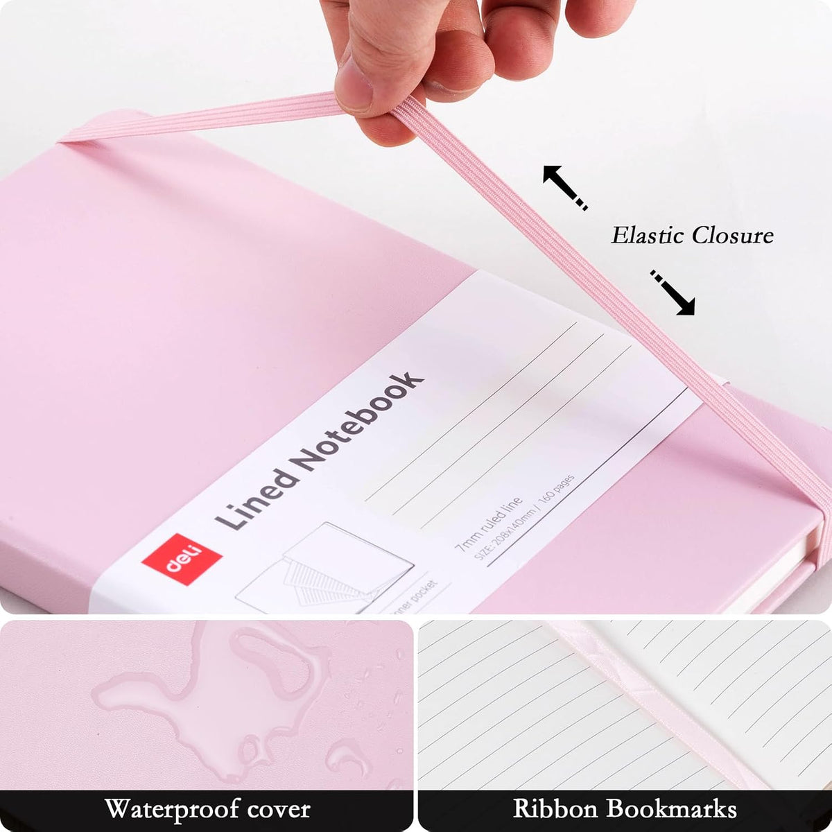 deli A5 Lined Journal Notebook, 160 Pages Hardcover Writing Notebook, 5.5"x8.2" College Ruled Notebook for Office, School, Work Notes (Pink)
