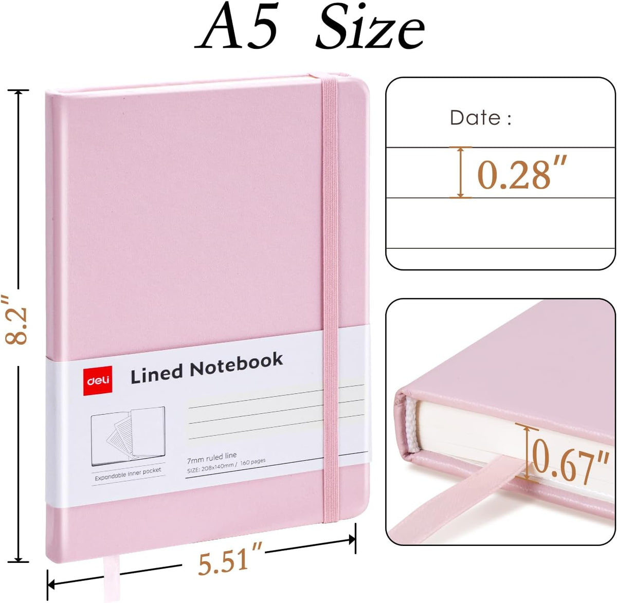 deli A5 Lined Journal Notebook, 160 Pages Hardcover Writing Notebook, 5.5"x8.2" College Ruled Notebook for Office, School, Work Notes (Pink)