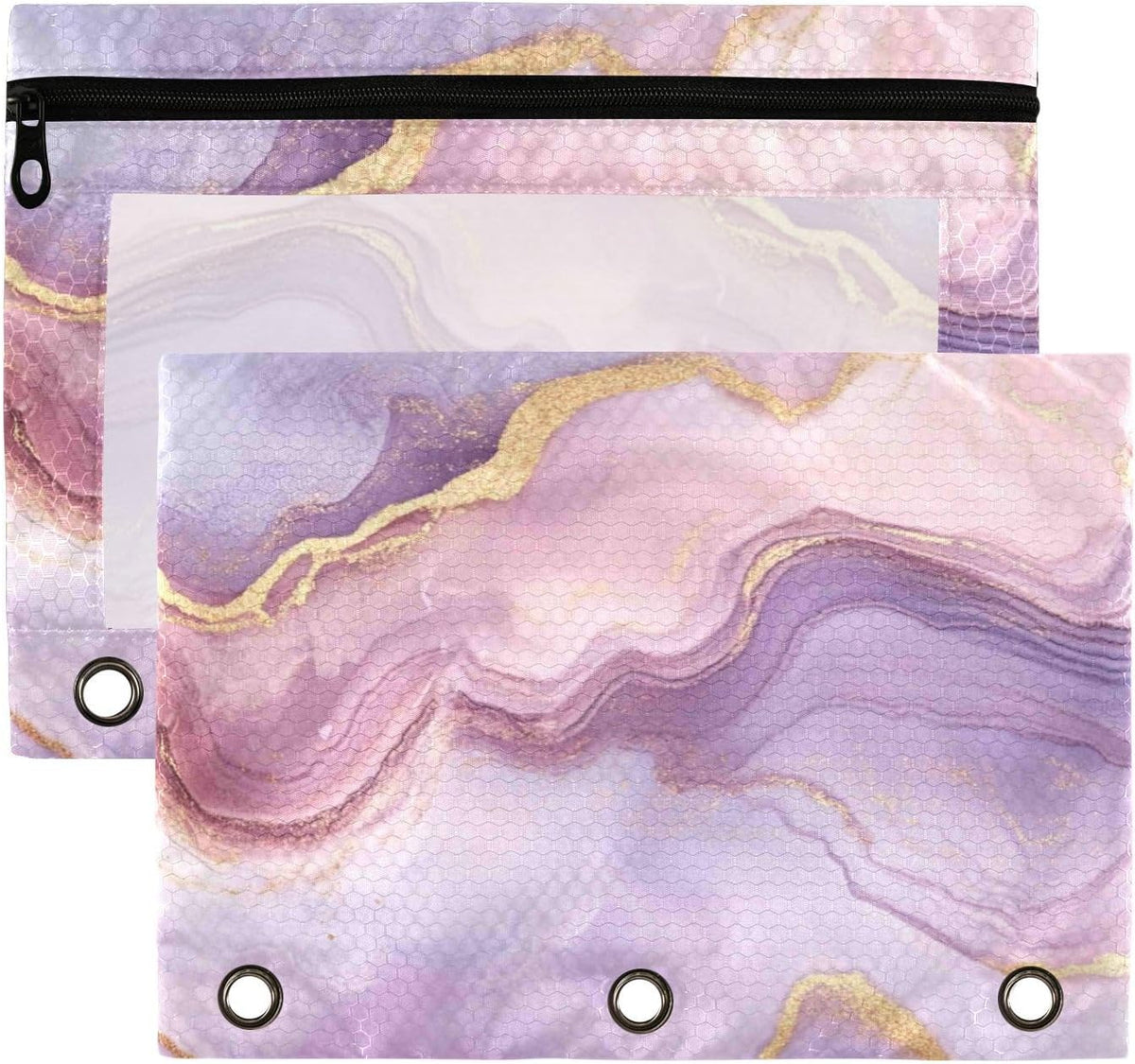 Pencil Pouch for 3 Ring Binder, Pink Marble 2 Pack Binder Pencil Pouch with Clear Window Pencil Bags with Zipper Pencil Case for Binder
