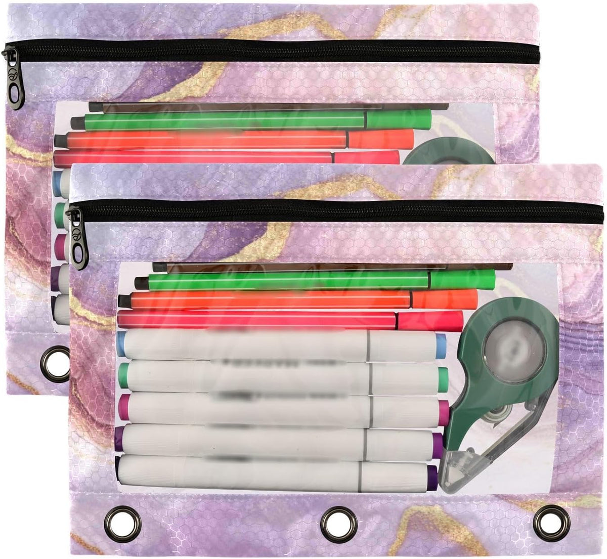 Pencil Pouch for 3 Ring Binder, Pink Marble 2 Pack Binder Pencil Pouch with Clear Window Pencil Bags with Zipper Pencil Case for Binder