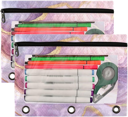 Pencil Pouch for 3 Ring Binder, Pink Marble 2 Pack Binder Pencil Pouch with Clear Window Pencil Bags with Zipper Pencil Case for Binder