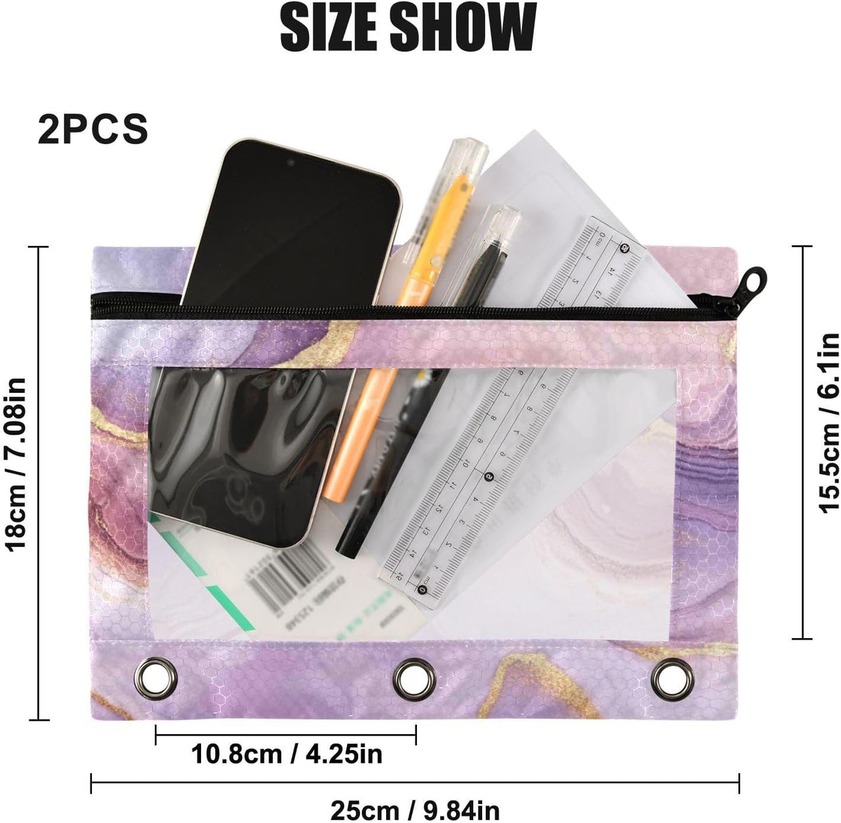 Pencil Pouch for 3 Ring Binder, Pink Marble 2 Pack Binder Pencil Pouch with Clear Window Pencil Bags with Zipper Pencil Case for Binder