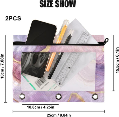 Pencil Pouch for 3 Ring Binder, Pink Marble 2 Pack Binder Pencil Pouch with Clear Window Pencil Bags with Zipper Pencil Case for Binder