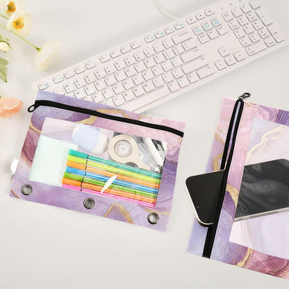 Pencil Pouch for 3 Ring Binder, Pink Marble 2 Pack Binder Pencil Pouch with Clear Window Pencil Bags with Zipper Pencil Case for Binder