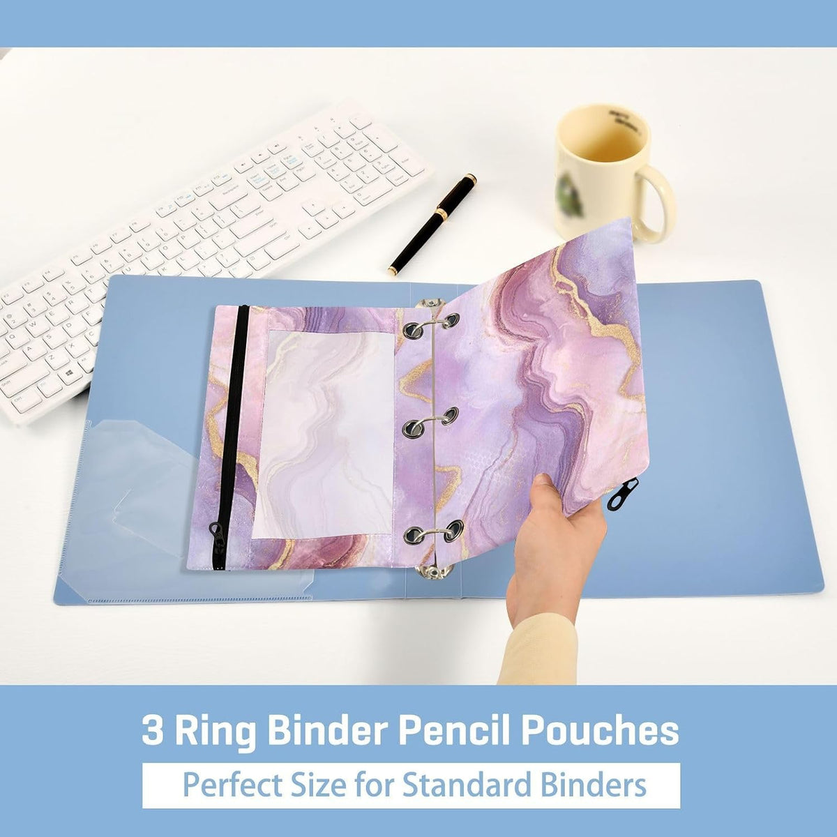 Pencil Pouch for 3 Ring Binder, Pink Marble 2 Pack Binder Pencil Pouch with Clear Window Pencil Bags with Zipper Pencil Case for Binder
