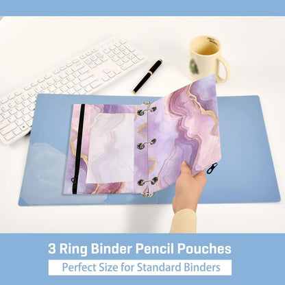 Pencil Pouch for 3 Ring Binder, Pink Marble 2 Pack Binder Pencil Pouch with Clear Window Pencil Bags with Zipper Pencil Case for Binder