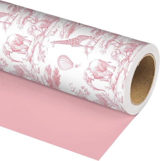 Baby Shower Wrapping Paper Sheets Roll for Girls Kids Pink White Jungle Animals Design Gift Wrap Sheets for Holiday Birthday Baby Shower Party Packing Supplies - Total 28.5sq.ft