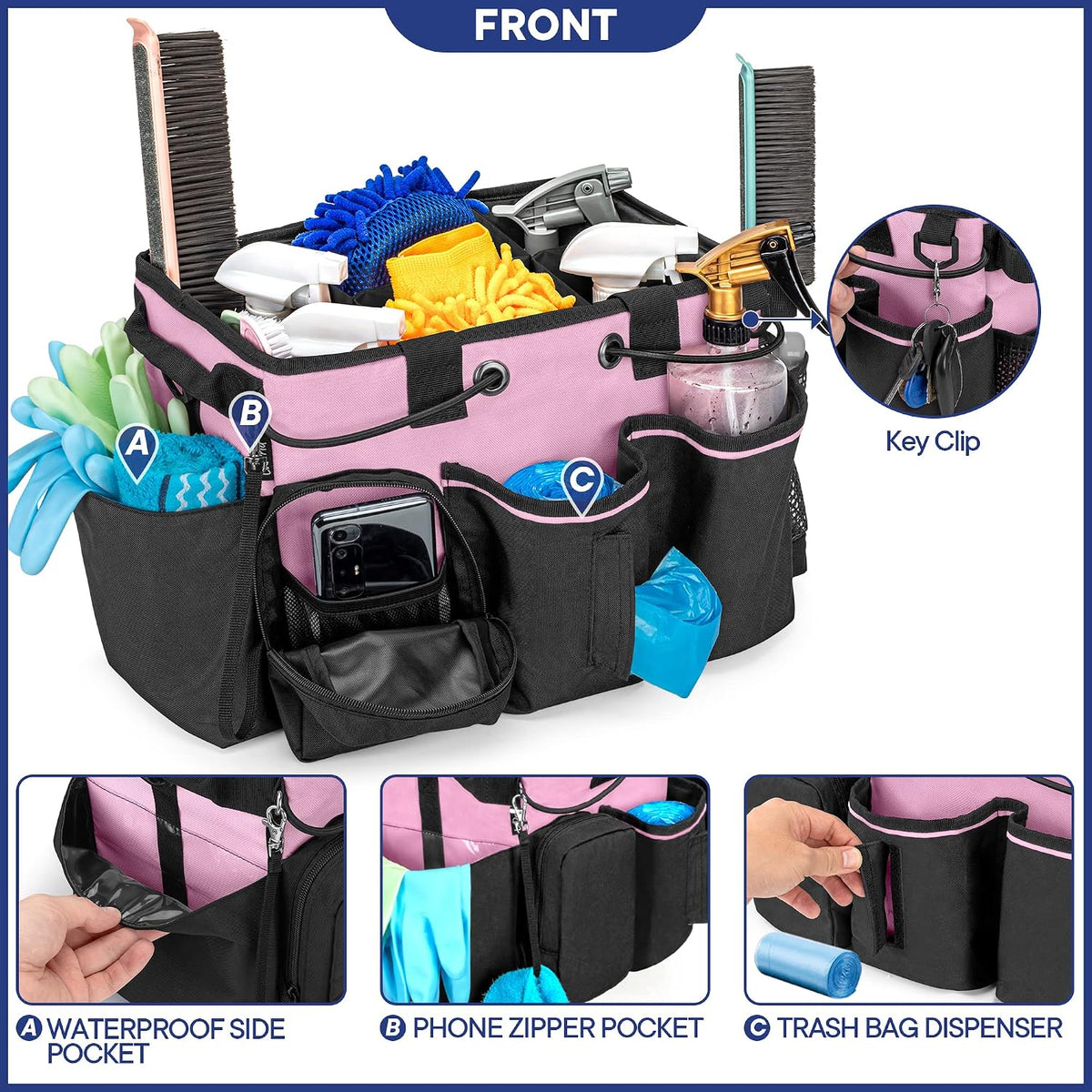 LoDrid Large Professional Cleaning Caddy with Detachable Divider, Pink