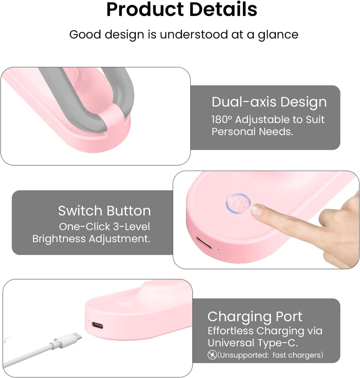 Rechargeable LED Desk Lamp, Foldable Portable Table Light, Pink