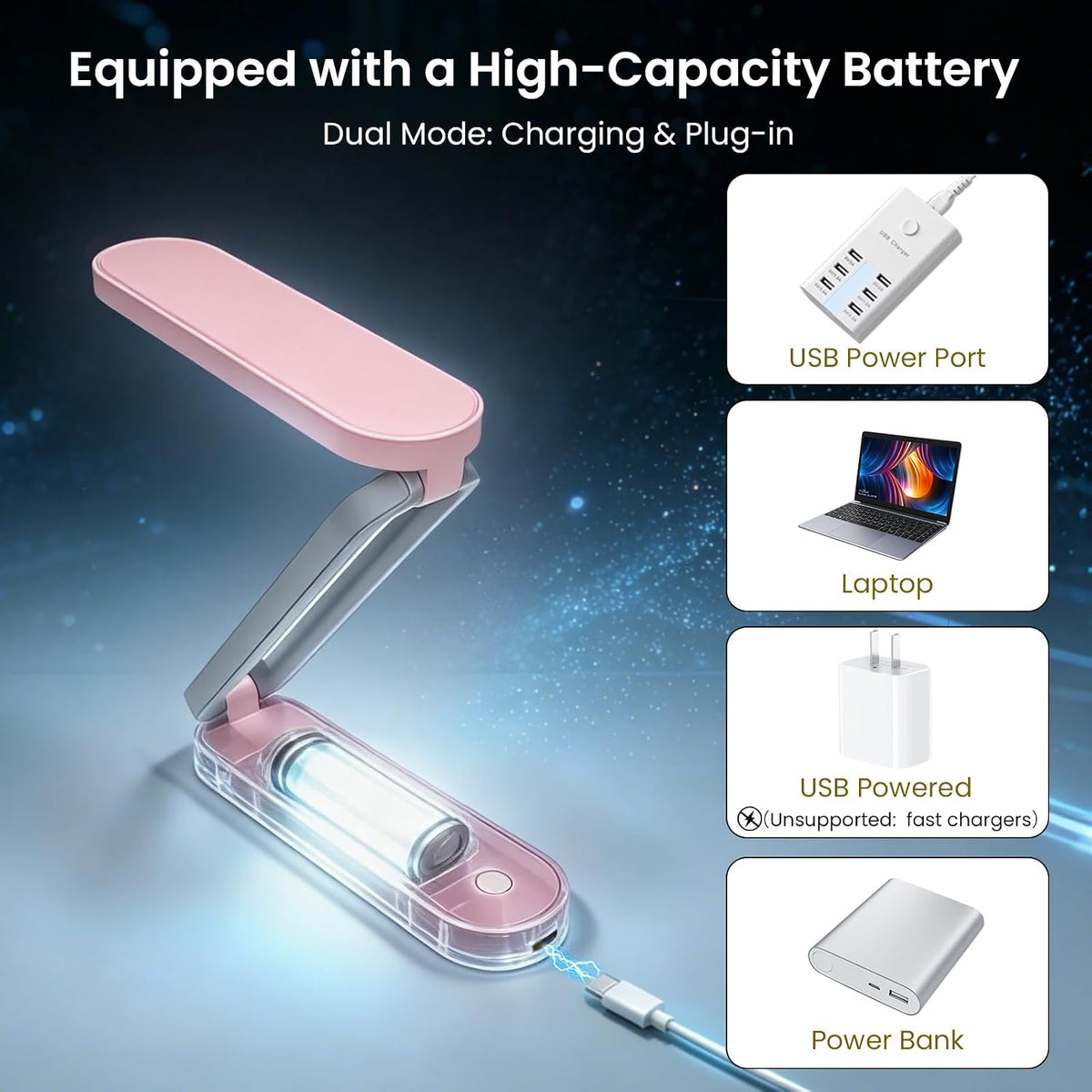 Rechargeable LED Desk Lamp, Foldable Portable Table Light, Pink