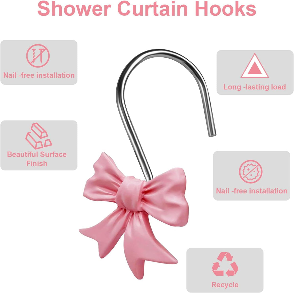 Bow Knot Decorative Shower Curtain Hooks, 12pcs Pink Cute Art Deco Resin Rust Resistant Hooks Glide Shower Ring Hangs Holder Bling for Girl Bathroom Baby Room Nursery