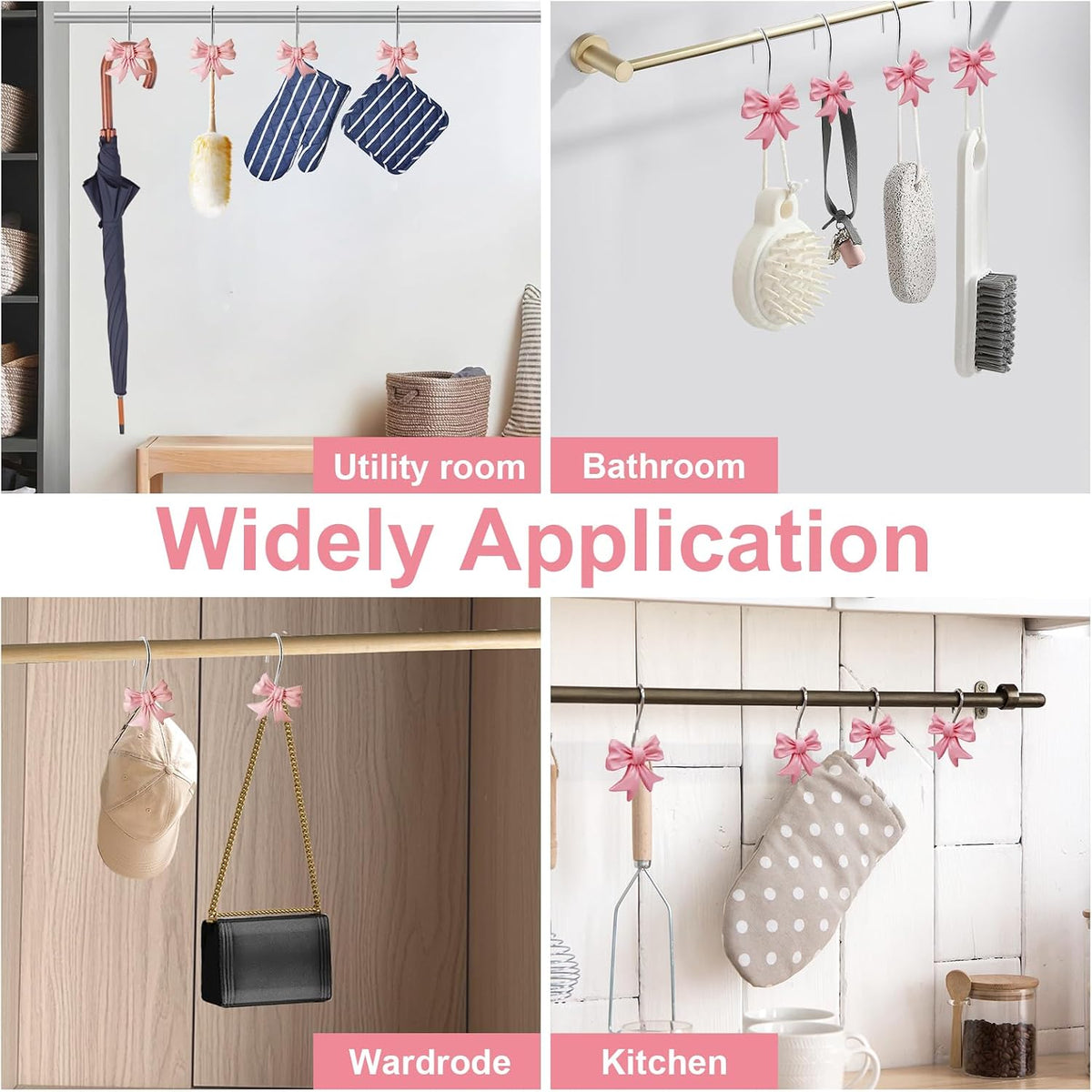 Bow Knot Decorative Shower Curtain Hooks, 12pcs Pink Cute Art Deco Resin Rust Resistant Hooks Glide Shower Ring Hangs Holder Bling for Girl Bathroom Baby Room Nursery