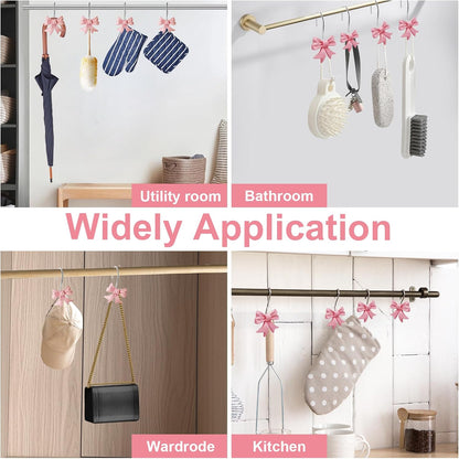 Bow Knot Decorative Shower Curtain Hooks, 12pcs Pink Cute Art Deco Resin Rust Resistant Hooks Glide Shower Ring Hangs Holder Bling for Girl Bathroom Baby Room Nursery