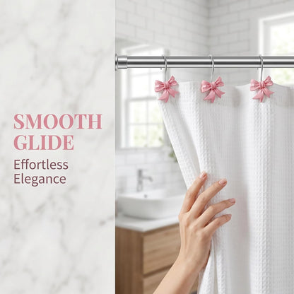 Bow Knot Decorative Shower Curtain Hooks, 12pcs Pink Cute Art Deco Resin Rust Resistant Hooks Glide Shower Ring Hangs Holder Bling for Girl Bathroom Baby Room Nursery